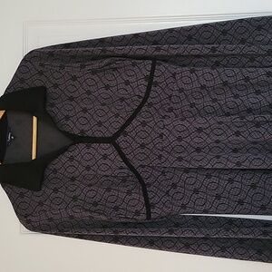 Vintage 90s Reitmans Long Sleeve Collared Midi Dress Gray w Black Trim & Design